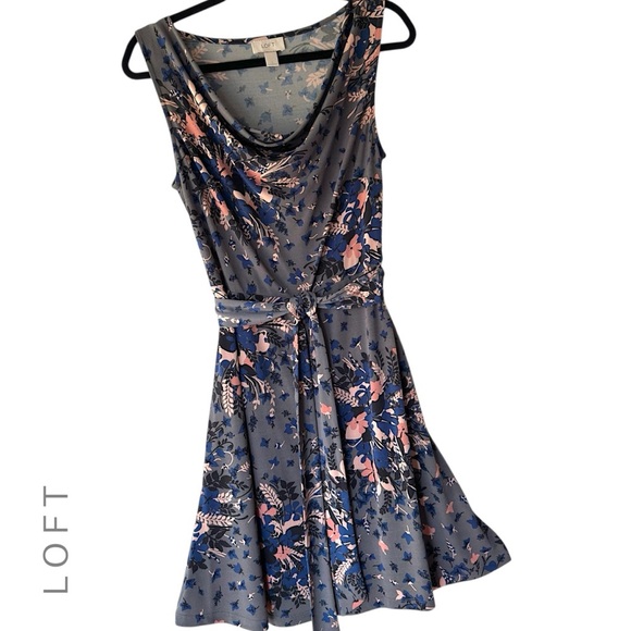 LOFT NWOT FLORAL SWING DRESS COWL NECKLINE SLEEVELESS TIE WAIST GRAY PINK SMALL - Picture 1 of 9